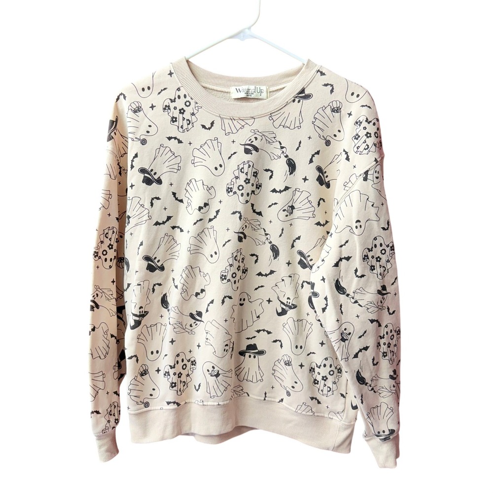 Wound Up Halloween Sweatshirt Womens M Cream Ghost Bat Print Autumn Fall Holiday